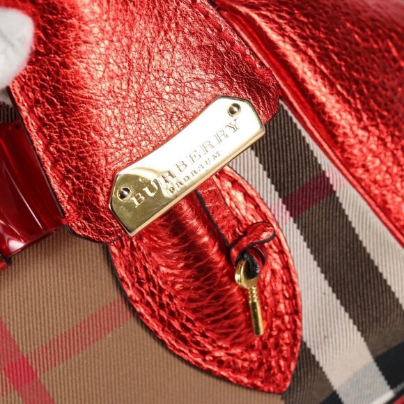 BURBERRY Nova Check Hand Bag Canvas Leather 2way Red Gold Auth - Picture 8 of 16